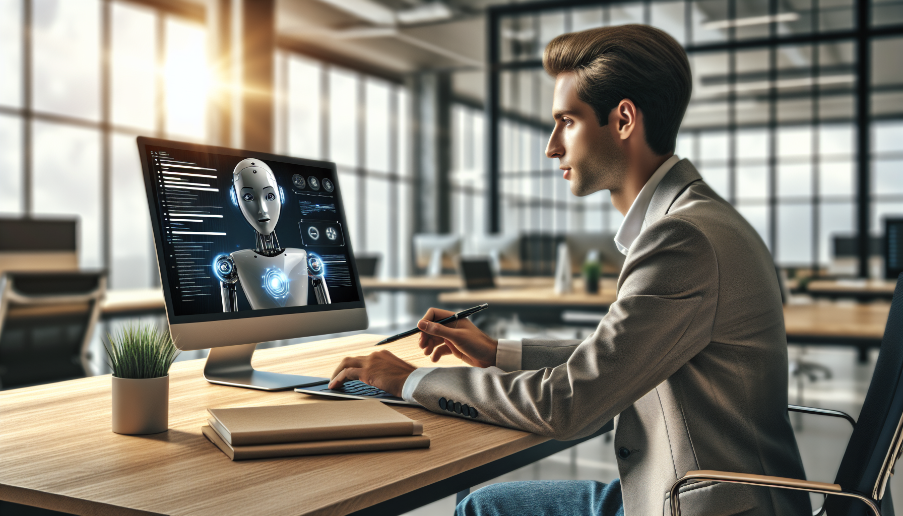 Customer support professional using AI chatbot interface in modern office