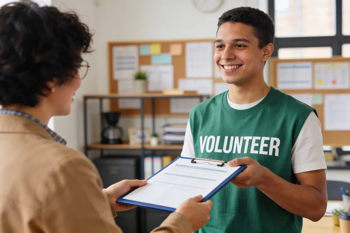 A volunteer coordinator at a nonprofit office handing a clipboard to a smiling young volunteer in a warm, modern community centre