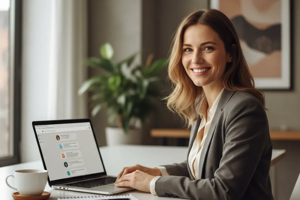 Professional woman at a modern desk smiling while using a laptop with a chat interface, bright natural lighting