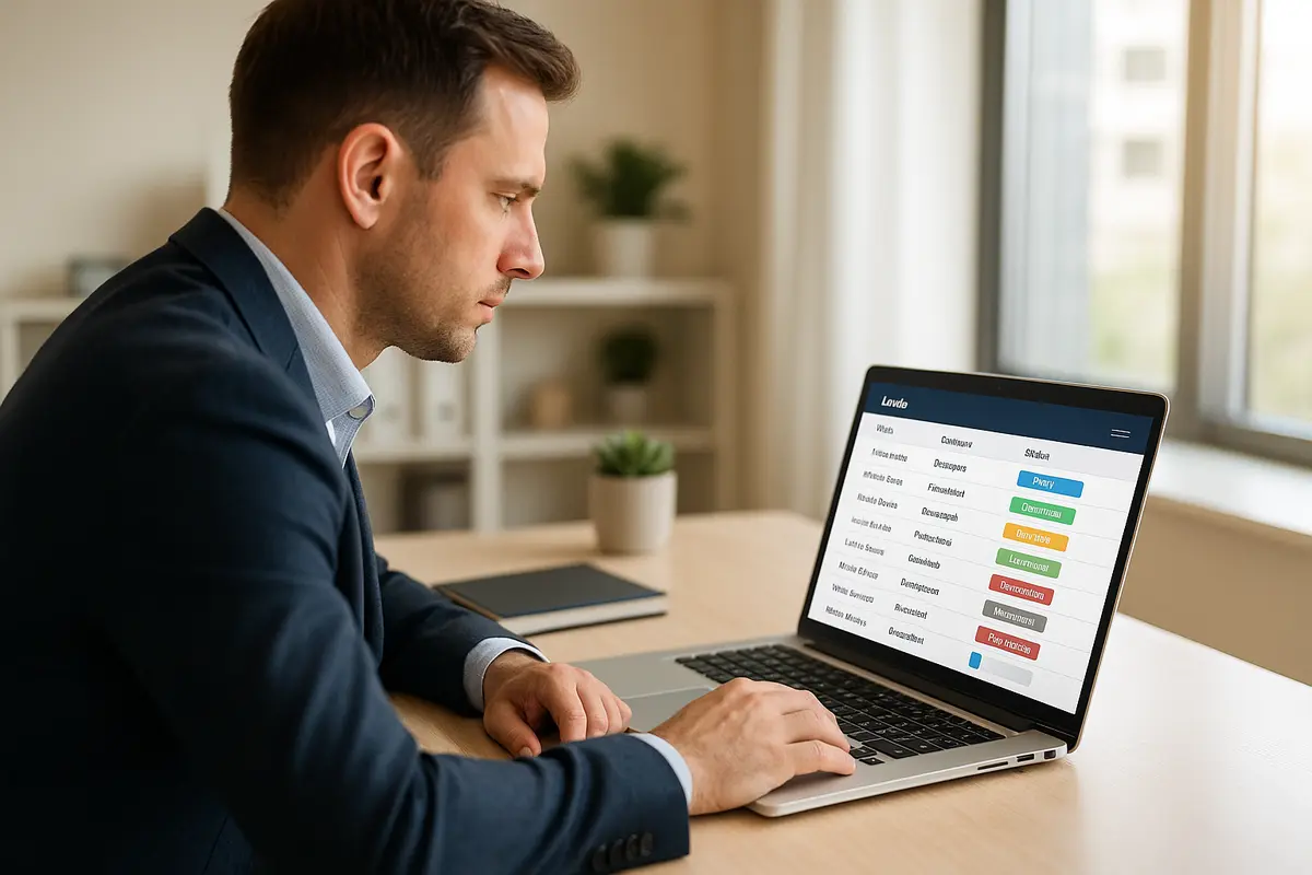 Sales rep reviewing AI-qualified leads on a laptop in a bright modern office