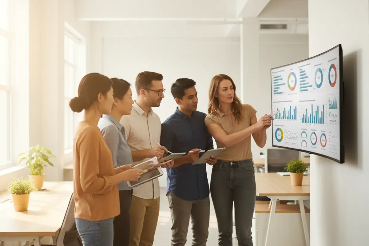 Team of professionals reviewing analytics on a large monitor in a bright modern office