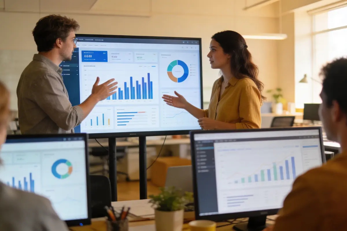A marketing agency team collaborating around a large screen in a bright modern office
