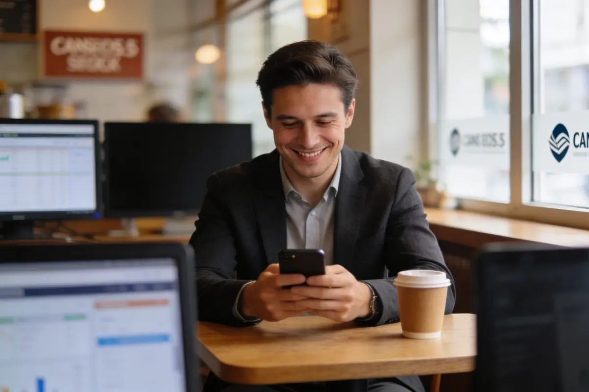 A business owner at a cafe checking their phone with a satisfied expression