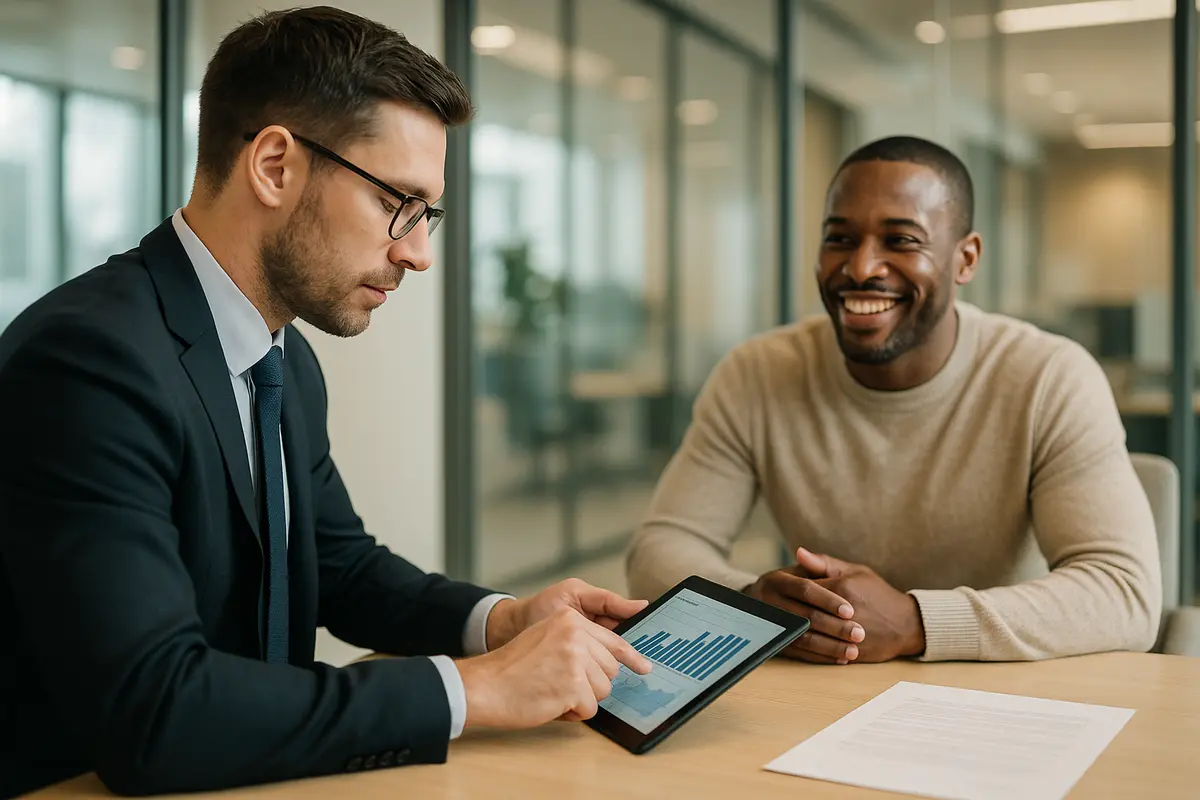 A professional banker reviewing financial data on a tablet with a customer in a modern office
