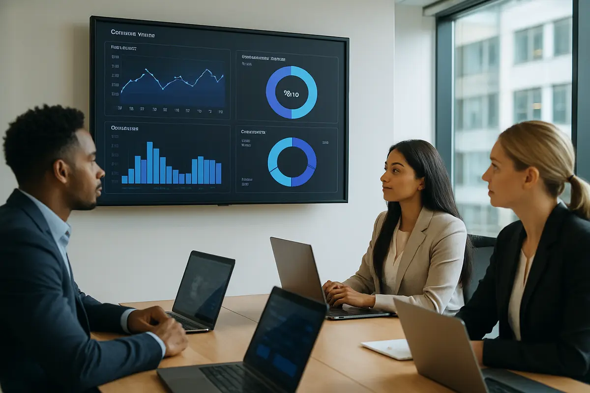 Financial professionals reviewing customer service analytics on a large screen in a modern meeting room
