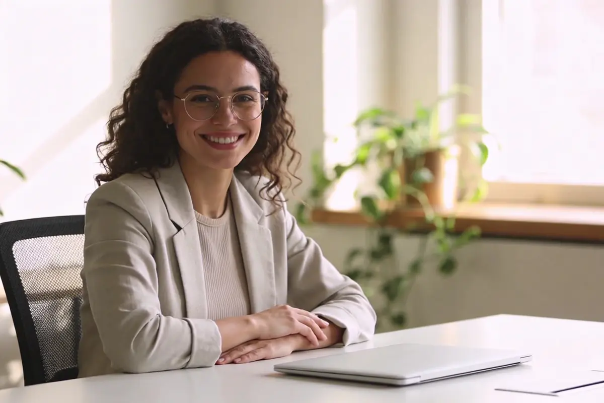 A government office reception area with a digital kiosk showing a chat interface as diverse citizens wait nearby in a modern civic building
