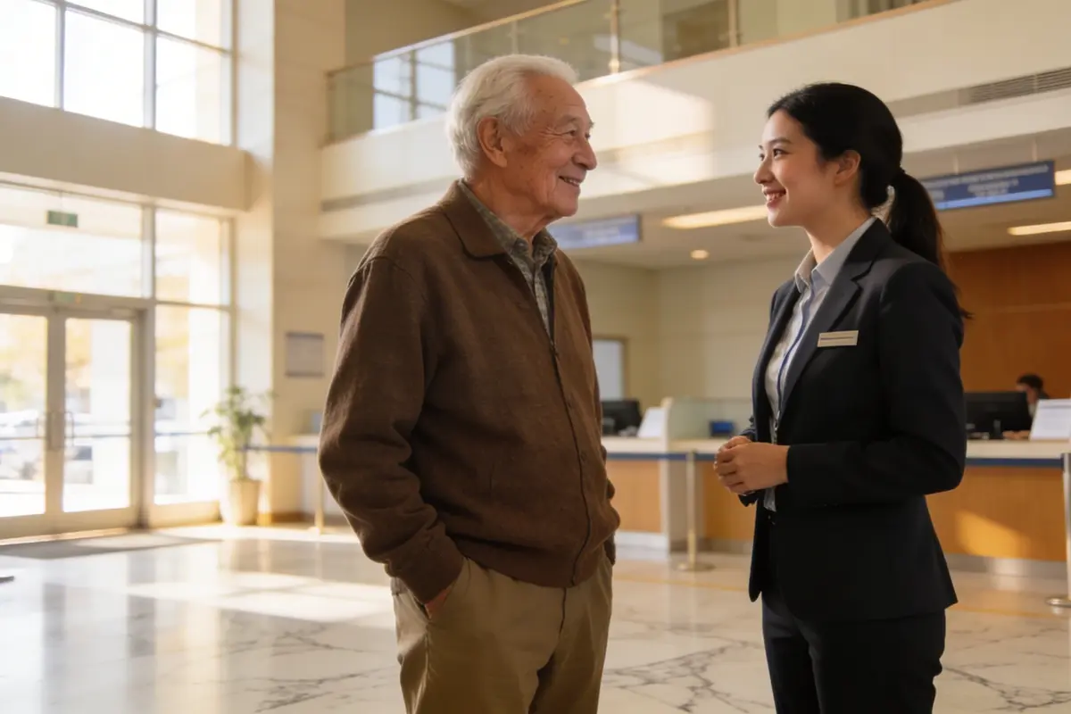 A municipal employee at a modern desk with dual monitors showing a chat analytics dashboard and citizen satisfaction metrics