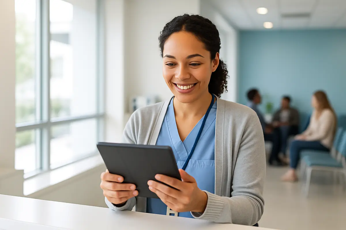 A healthcare receptionist using a tablet at a modern clinic front desk