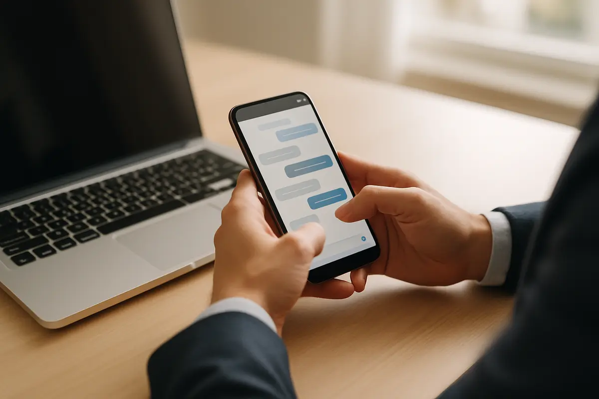 A business professional using a smartphone with a chat interface at a modern workspace