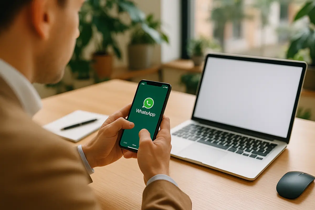 A person at a modern desk using a smartphone showing WhatsApp alongside an open laptop, with bright natural lighting and a professional office environment